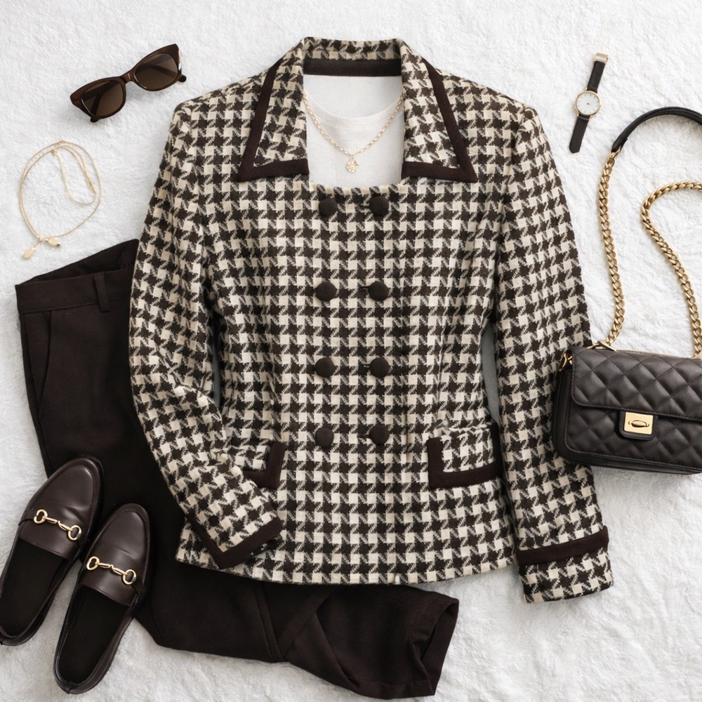 Kasper for ASL‎ 100% Wool Houndstooth Double Breasted Blazer Women's Size 12 Y2K